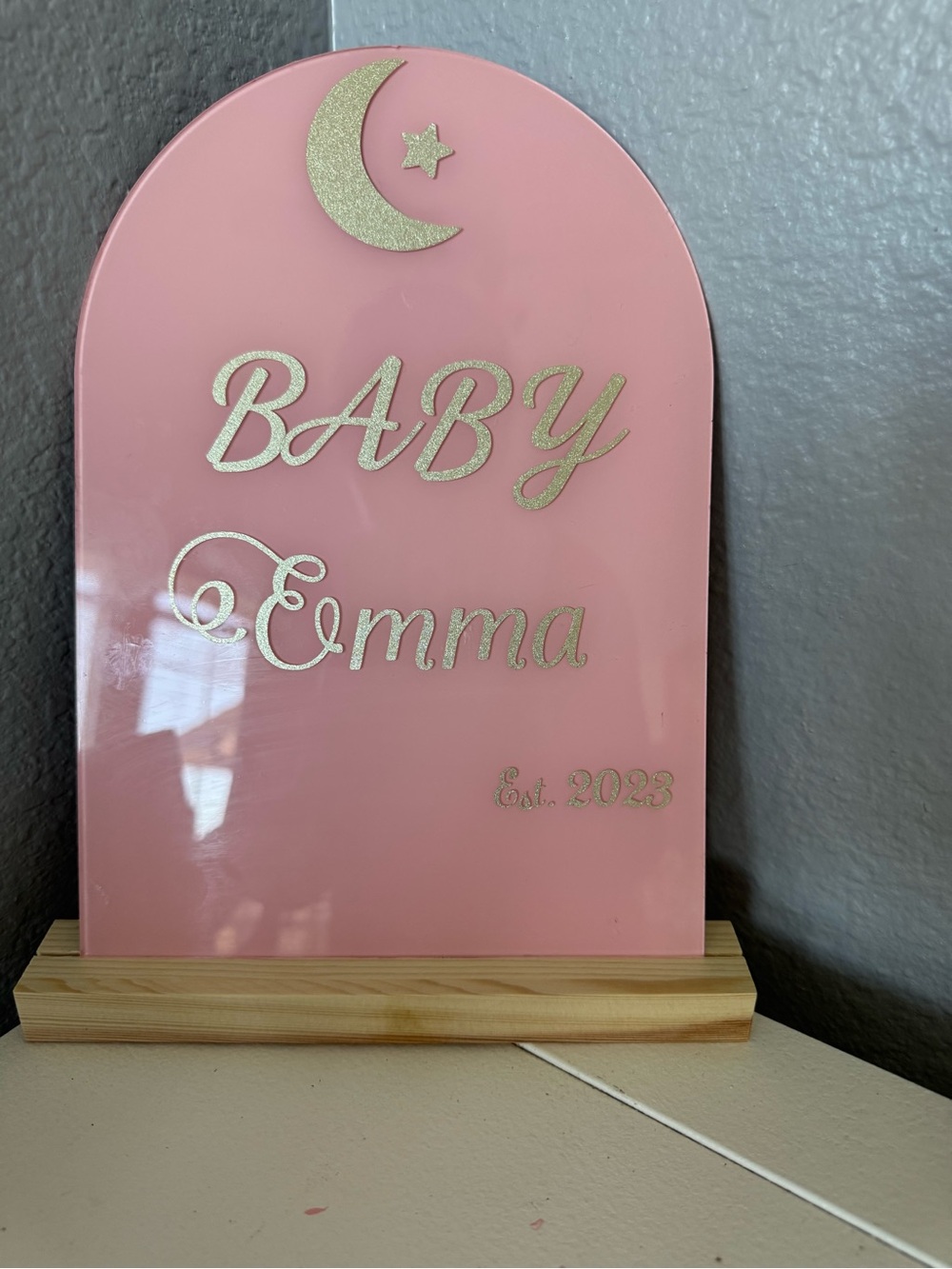 Pink Baby Emma Name Sign with Gold Lettering